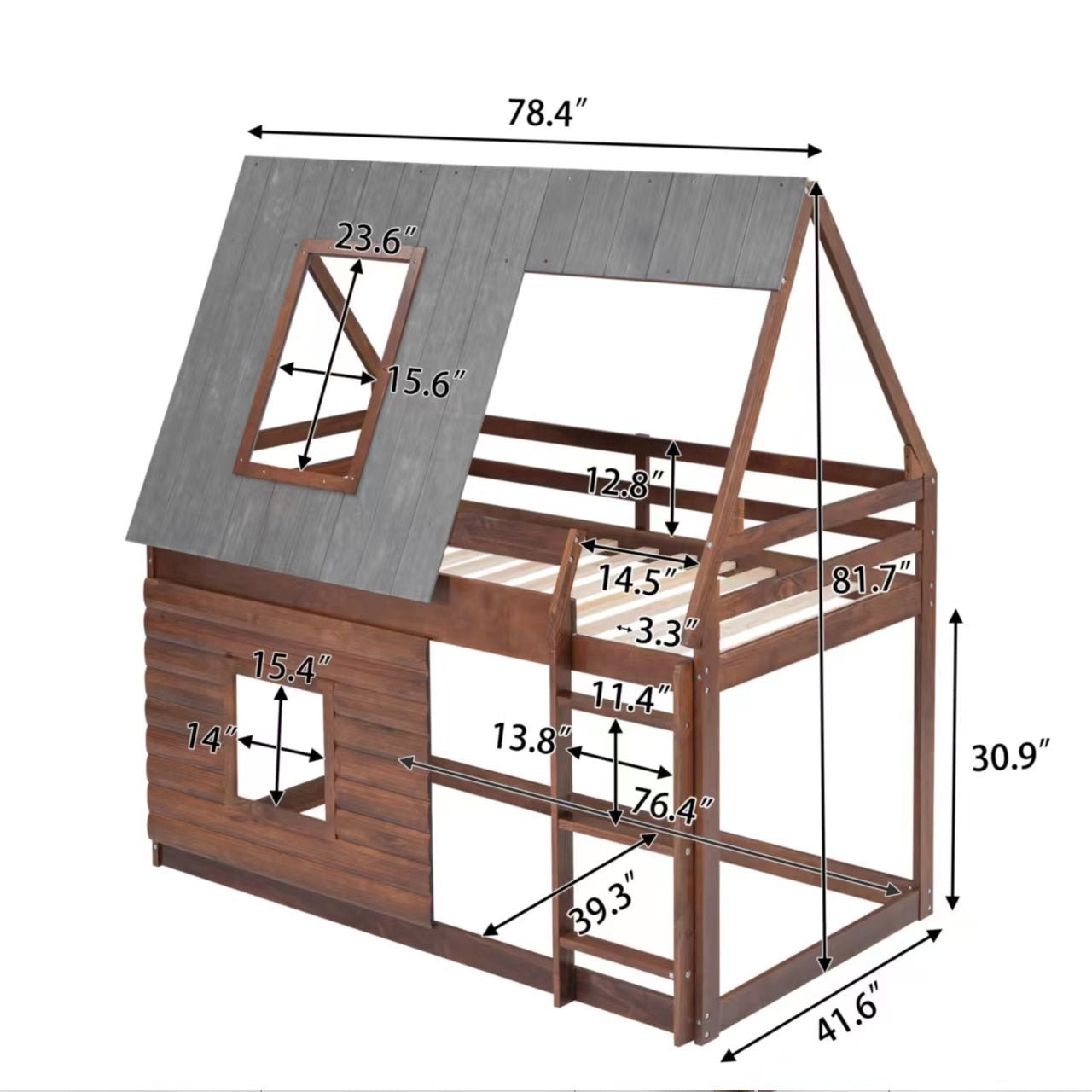 Wood Twin Size House Bunk Bed with Roof, Ladder and 2 Windows