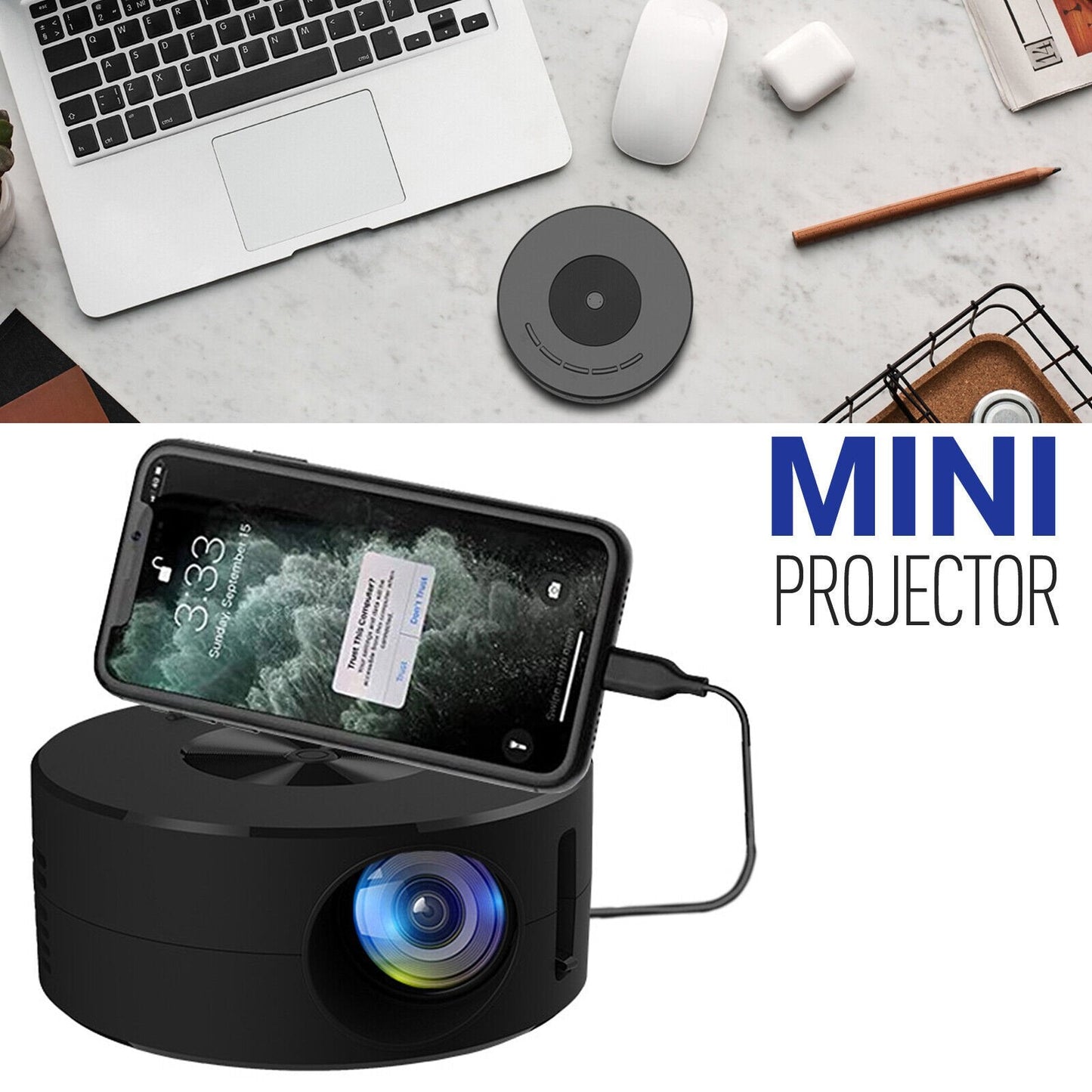 YT200 Mini Portable Projector, Ultra HD, 2080P, USB and SD Support, Built-in Speaker, Outdoor Movies, Home Theater Projection